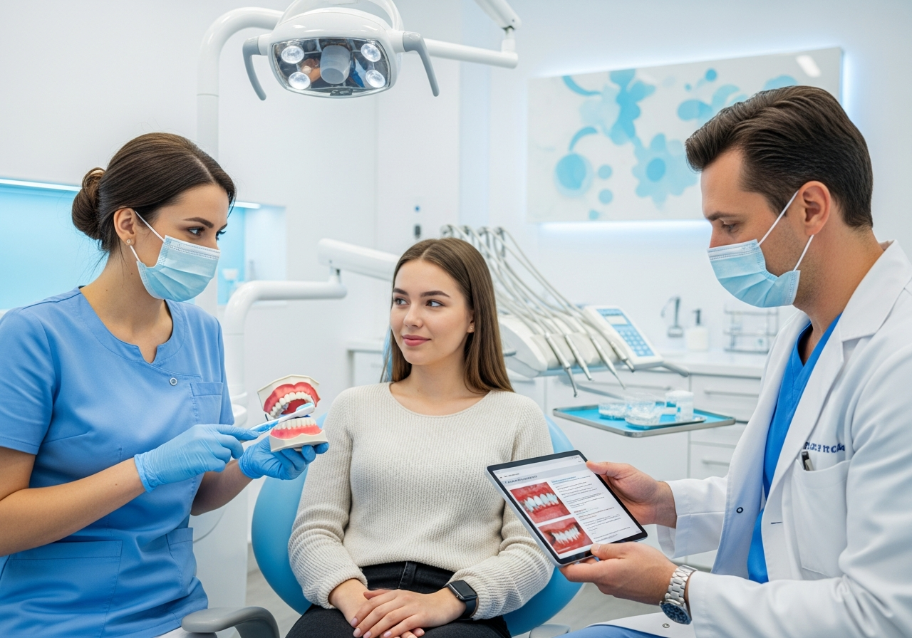 Dentist consulting with patient in modern dental office